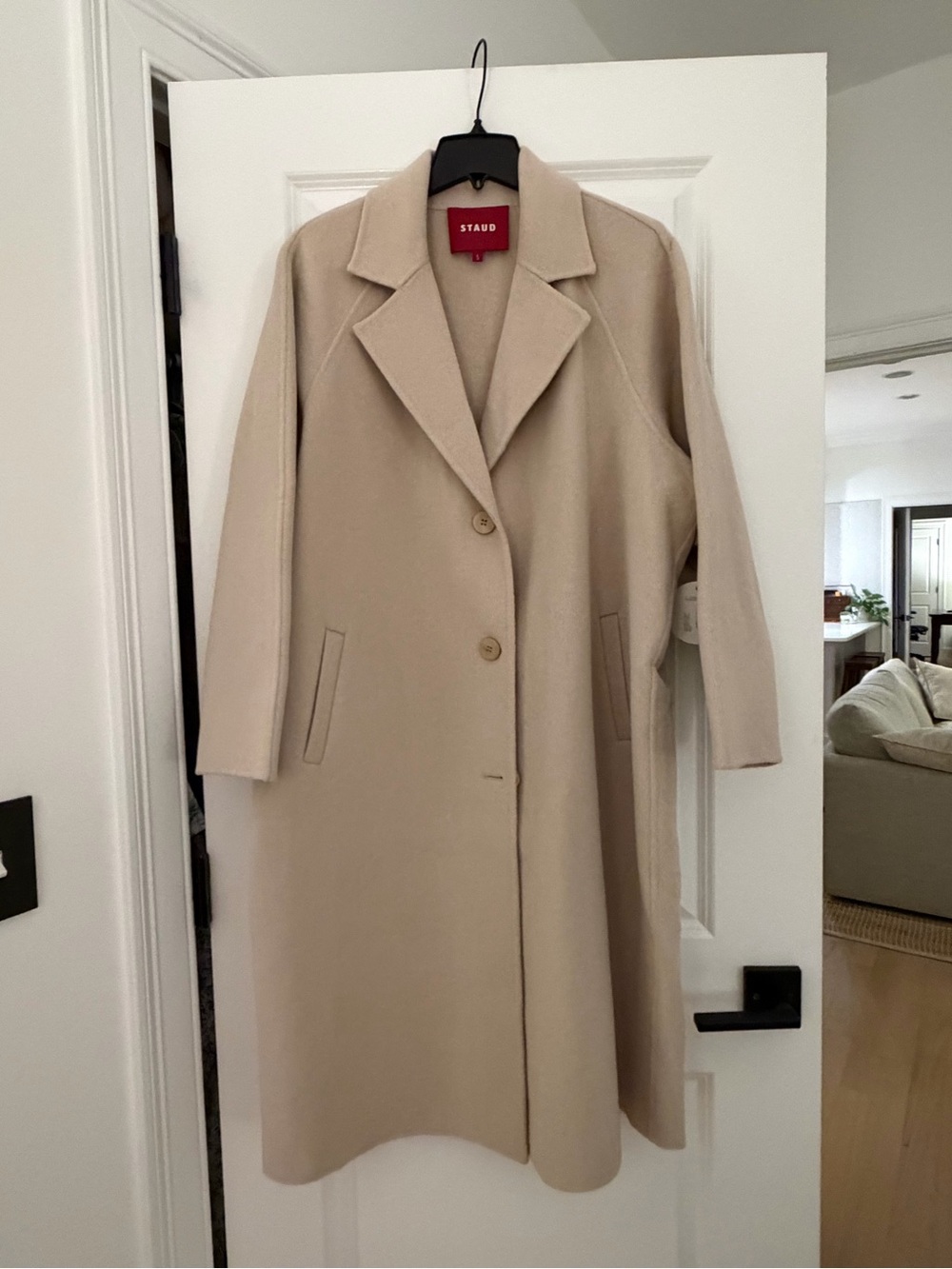 STAUD Beige Long Wool-Blend Trench Coat